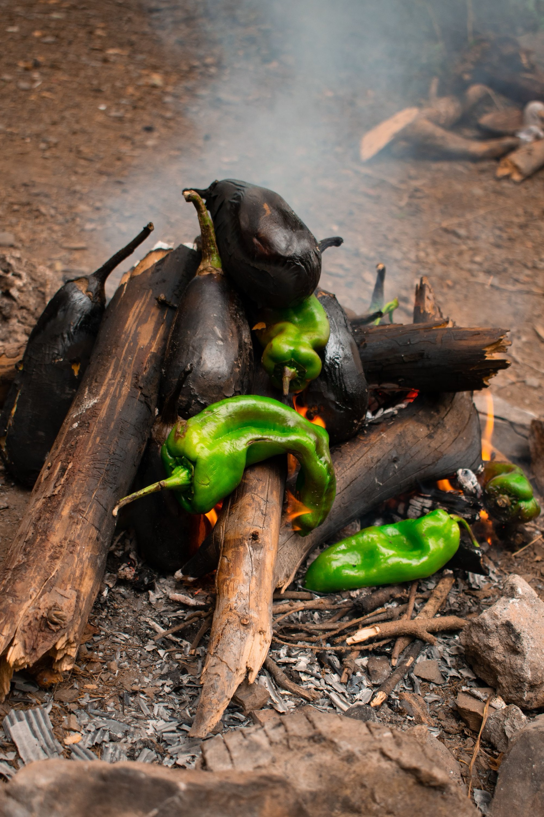 Aubergine en groene pepers die boven open vuur garen